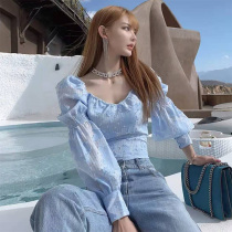 Spring and autumn 2021 new femininity v-neck shirt female design niche French long-sleeved lace-up waist top