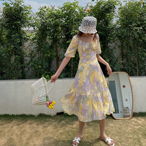 Love Rosewater Purple Series Womens Dress Oil Painting Skirt collar with dress Lantern Sleeves Summer Fairy Qi Smoked Skirt High Waist