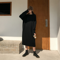 Love Roswell Weiwei big code sweater women red 2021 autumn and winter foreign air over knee loose knit dress Lazy Wind Fat Mm