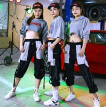 Korean color-dressing pants middle school students hip-hop street dance clothes loose waist short-sleeved jazz dance performance set