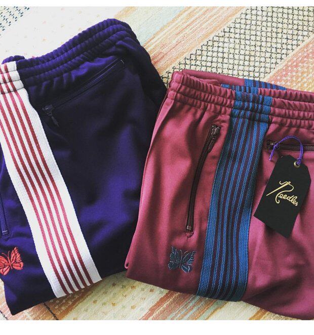 老夫子needles酒红色蝴蝶裤刺绣织带复古运动宽松长裤男女街头