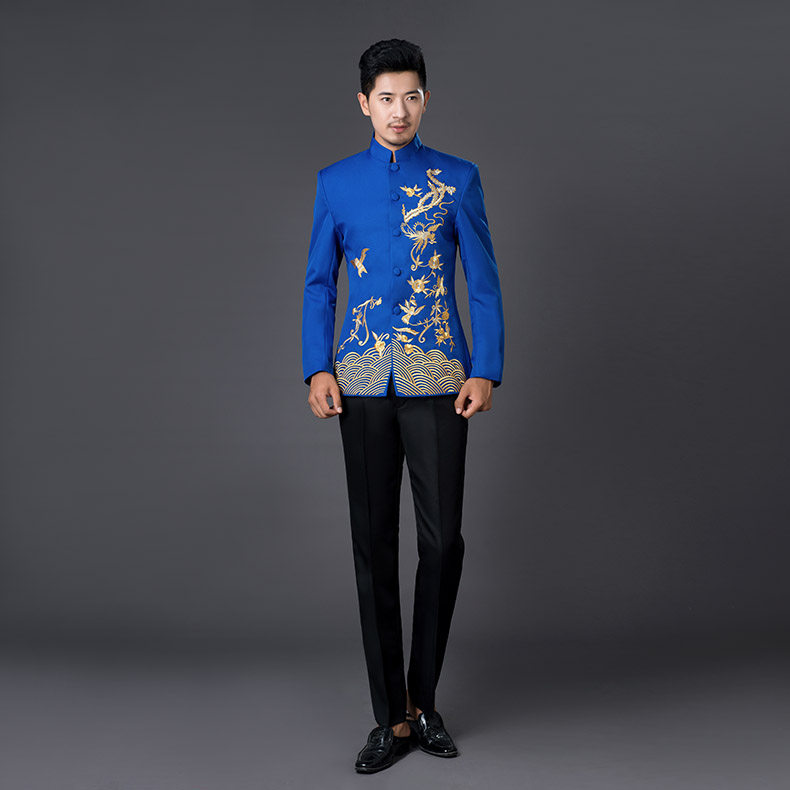 男士多色青花瓷中国风立领刺绣中山装主持演出服合唱中式男装礼服