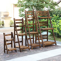 Outdoor multi-layer ladder flower stand balcony solid wood shelf folding anti-corrosion wooden meat hand-to-floor flower pot stand