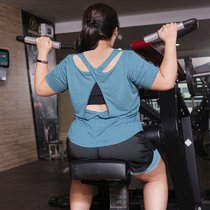 Large size fitness clothing women 200kg fat MM yoga sports blouse back cross summer short sleeve quick-drying jacket