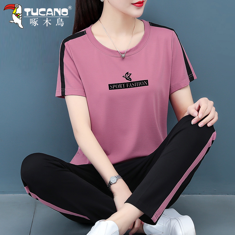 Woodpecker cotton sportswear suit female summer 2022 new mother age reduction round neck trousers casual two-piece