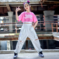 Childrens costumes hip-hop childrens clothing navel pink summer short-sleeved trendy cool street dance suit girls jazz dance clothing
