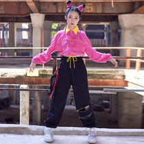 Childrens hip-hop performance costume suit childrens hiphop pink tunic top black trousers girls jazz dance costume