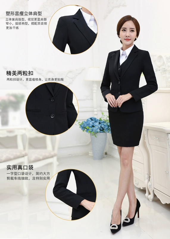 Bộ đồ nhỏ phù hợp với cuộc phỏng vấn tính khí phù hợp với phụ nữ chuyên nghiệp hai nút cộng với kích thước áo khoác áo khoác phù hợp với áo khoác nữ màu đen - Business Suit