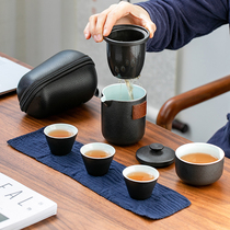 Japanese black pottery kung fu travel tea set carrying bag fast guest Cup one pot three cups four cups simple teapot customization