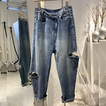2021 burst summer new large size oblique buckle jeans womens nine-point hole loose thin straight tube harem pants