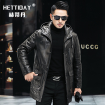 Real Leather down clothes Mens Mountain Sheep leather medium long style wind coat Hainen locomotive dermis leather clothing Winter thickened Fashion jacket
