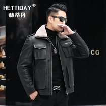 Mens dermis leather clothes down clothes Winter Haining sheep leather Short Leather Jacket Locomotive Casual Plus Cotton Jacket Tide