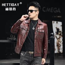Haining autumn and winter new leather leather mens sheepskin short lapel motorcycle leather jacket handsome trend thin jacket