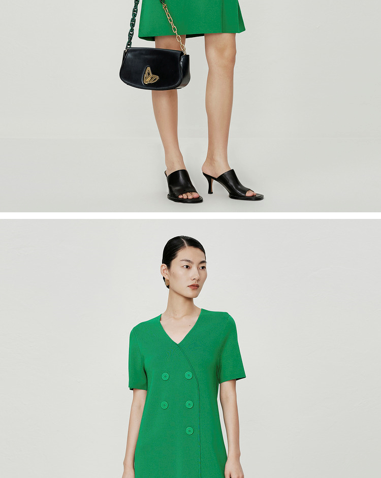 【轻礼系列】玛丝菲尔2023年夏季新款绿色V领设计感气质连衣裙女