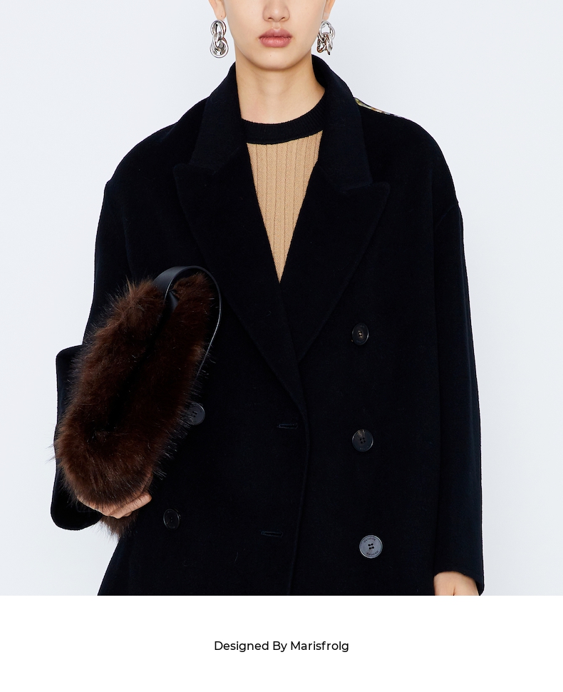 【设计感】玛丝菲尔2021冬季新款黑色羊毛长款毛呢呢子大衣外套