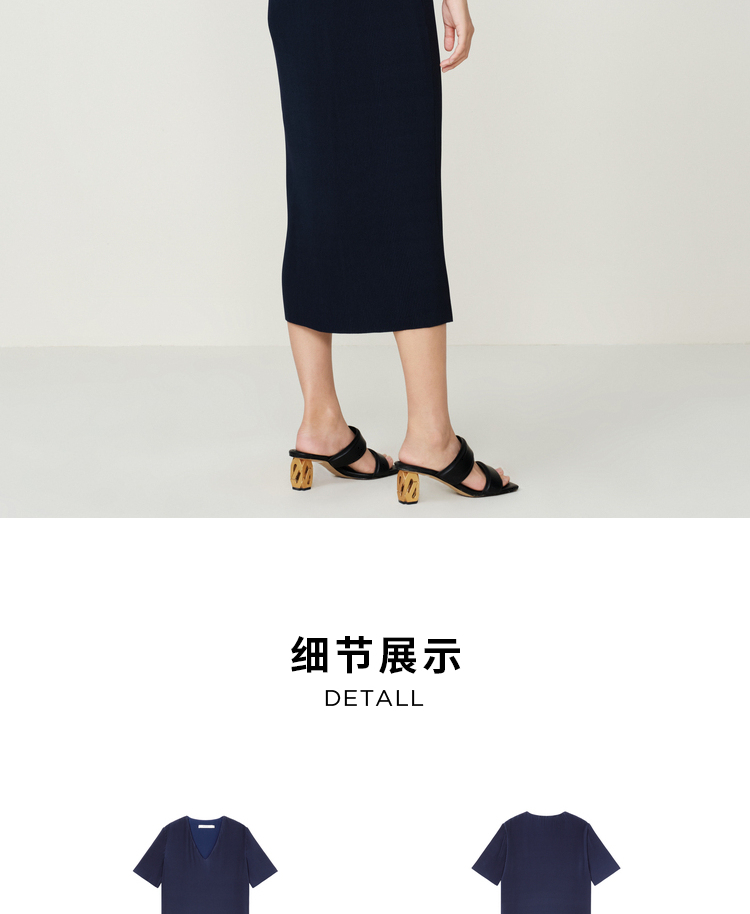 玛丝菲尔23夏季新款气质简约深蓝色竖条纹优雅v领短袖百褶连衣裙