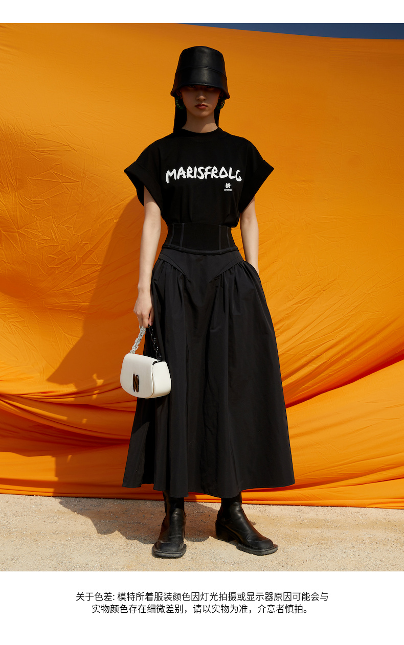 【质感】玛丝菲尔22女装夏季新款黑色圆领设计感短袖T恤休闲时尚