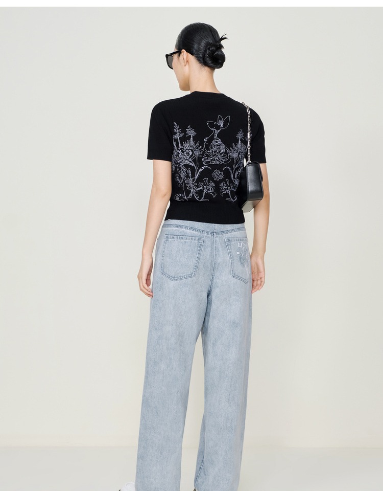 【明星同款】玛丝菲尔22夏新款弹力设计感小众黑色针织短袖T恤女