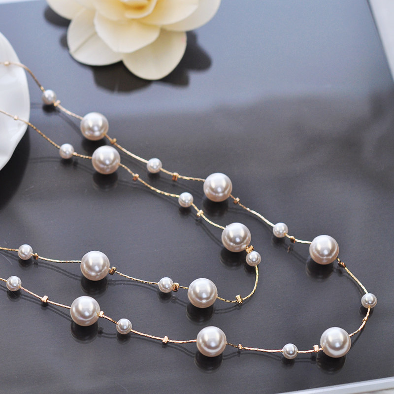 双层人造珍珠时尚衣服潮长款项链女秋冬百搭毛衣链配饰挂件饰品