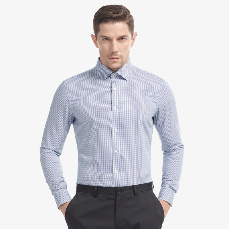 smartfive 小开领商务正装衬衫格子休闲男长袖青少年修身衬衣纯棉