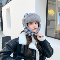Winter Plaid Lei Feng hat Men and women leisure Joker cap thickened cold proof double layer fluffy hat outdoor riding hat