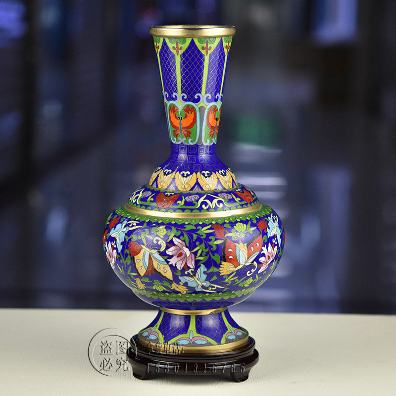 1571  景泰藍　花瓶2客　花台2客付き　骨董　時代物 一对古董中国景泰蓝花瓶，饰有鸟和花// 民国时期（1912-1949 年