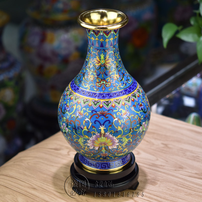 Old Beijing features handicraft Tai Blue Vase 12 inches Jiqing bottle All copper pinching silk enamel ga - suu office gift