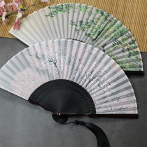 China Wind Green Bamboo Hollowed-out Ancient Wind Real Silk 6 Inch Female Style Folding Fan Day Style Vintage Summer Folding Carry-on Gift Fan