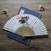 Ink hand-painted silk fan folding fan Chinese style womens ancient style portable folding dance Hanfu daily small fan