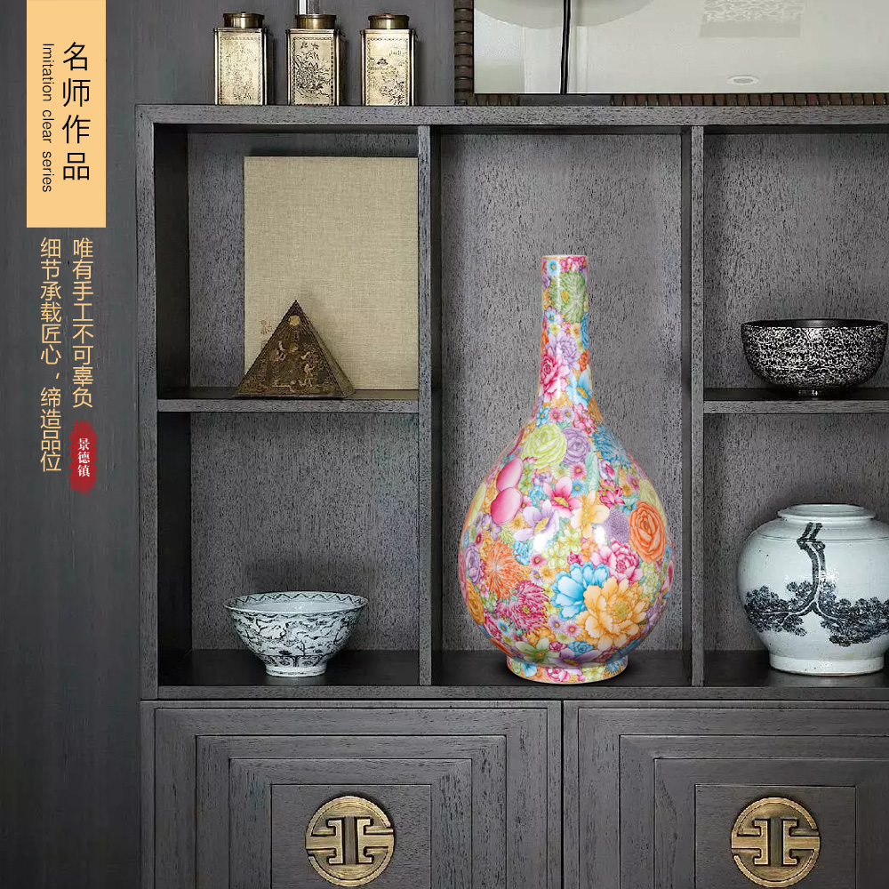 Jingdezhen ceramics antique hand - made famille rose flower gall bladder sitting room of Chinese style household decoration vase furnishing articles