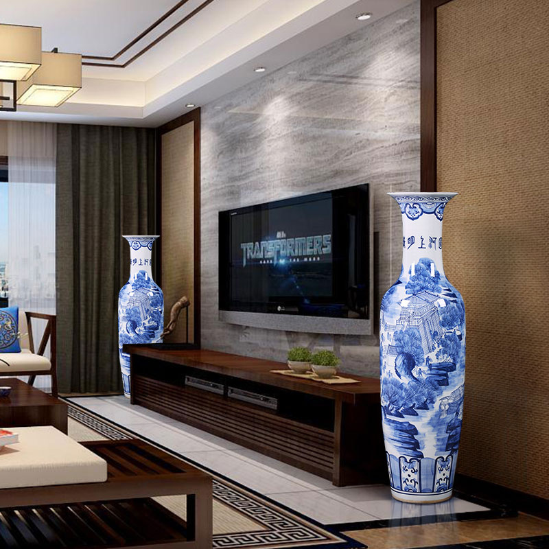 Jingdezhen ceramic floor large antique blue and white porcelain vase qingming scroll sitting room adornment is placed large hotel