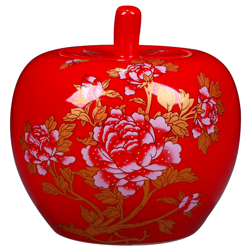 Jingdezhen ceramic pot red Chinese auspicious peony apple storage tank wedding gift sitting room adornment is placed