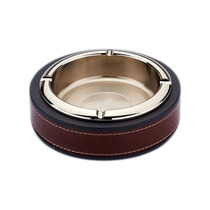 Bright silver metal weighted large round disc-shaped style business leather home office cigar ashtray gift customization