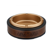 Golden pure metal aggravating large round disc-shaped style business leather home office cigar ashtray gift customization