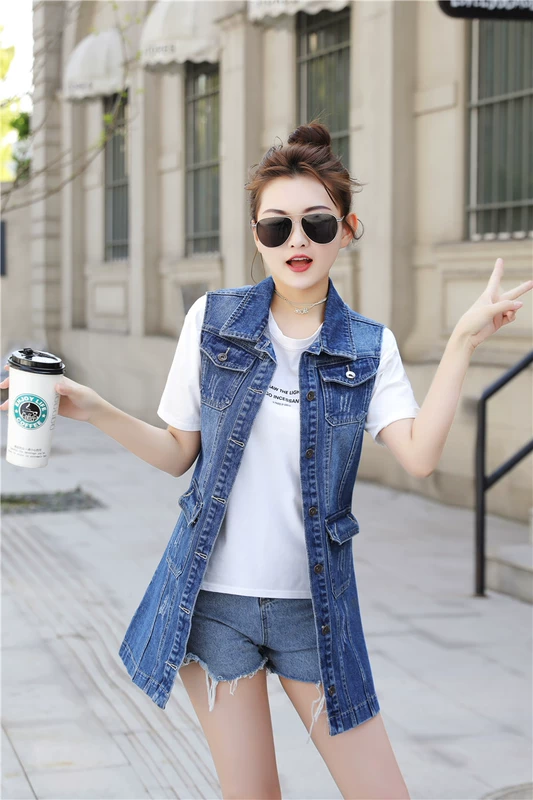 Áo vest denim mới 2022 mùa xuân của phụ nữ phong cách Hàn Quốc rộng rãi mặc và áo khoác mỏng không tay kết hợp tất cả các kích thước lớn giản dị - Áo vest