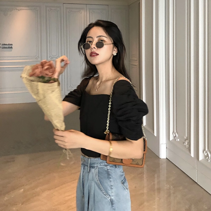 sang trọng cổ vuông màu đen tay phồng tay áo ngắn một vai phụ nữ áo sơ mi nữ mùa hè 2021 mới áo sơ mi giản dị hàn quốc váy mùa hè - Áo sơ mi