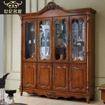 Four Doors Wine Cabinet Living Room American Dining Side Cabinet Solid Wood Retro Display Cabinet Integrated By Wall Red Wine Cabinet