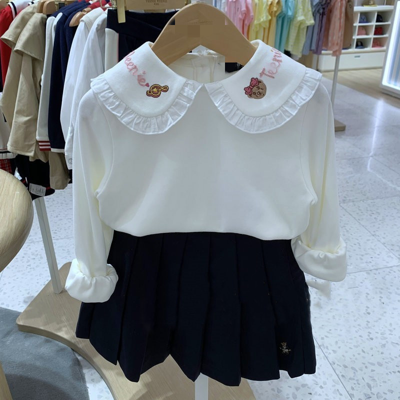 Autumn-winter-style girl girl girl Korean version embroidered collar girl turned over long sleeve inner lap dress pure cotton soft long sleeve T-shirt