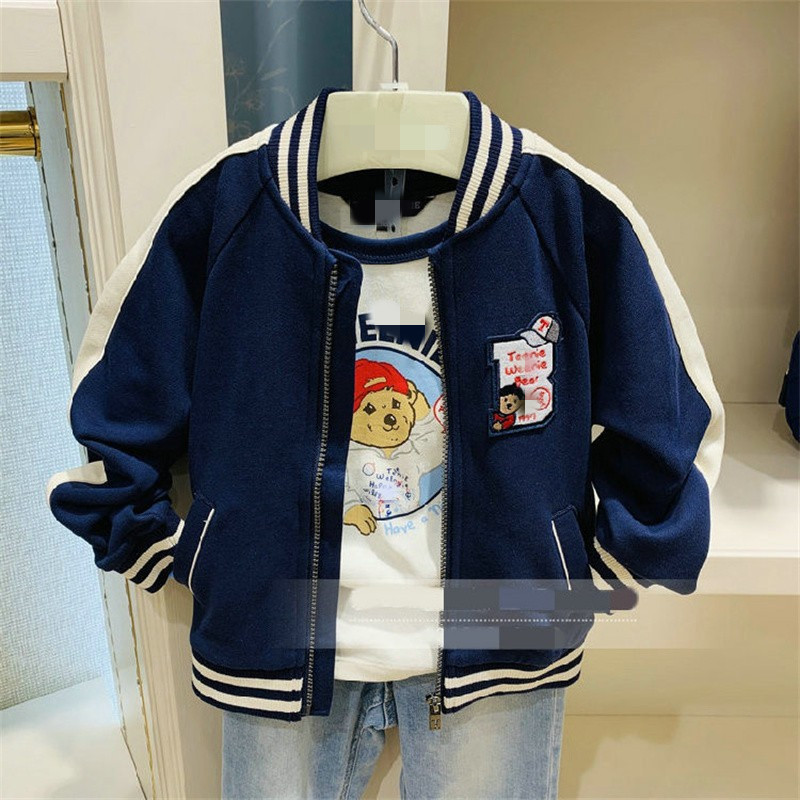 Autumn and winter new boys and girls blue casual baseball uniform jacket big children cotton cartoon zipper shirt