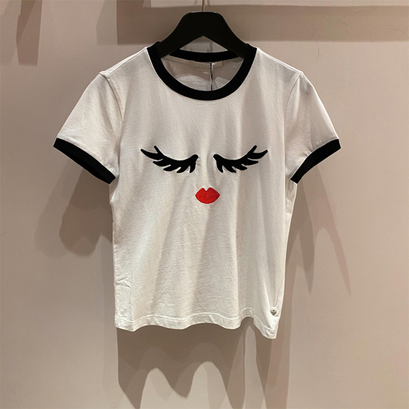 2021夏季新款圆领时尚图案刺绣上衣小众短款白色百搭短袖t恤女潮