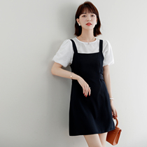FENPERATE 2021 round neck bubble sleeve temperament age age white Joker black two-piece dress women