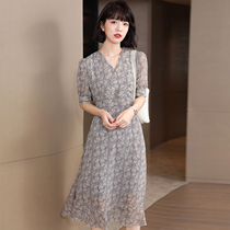FENPERATE French gray romantic stripes tea break dress women Summer new slim print dress