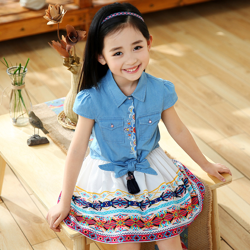 布布发现童装女童绣花牛仔衬衫儿童绑带衬衫短袖绣花中大童上衣夏