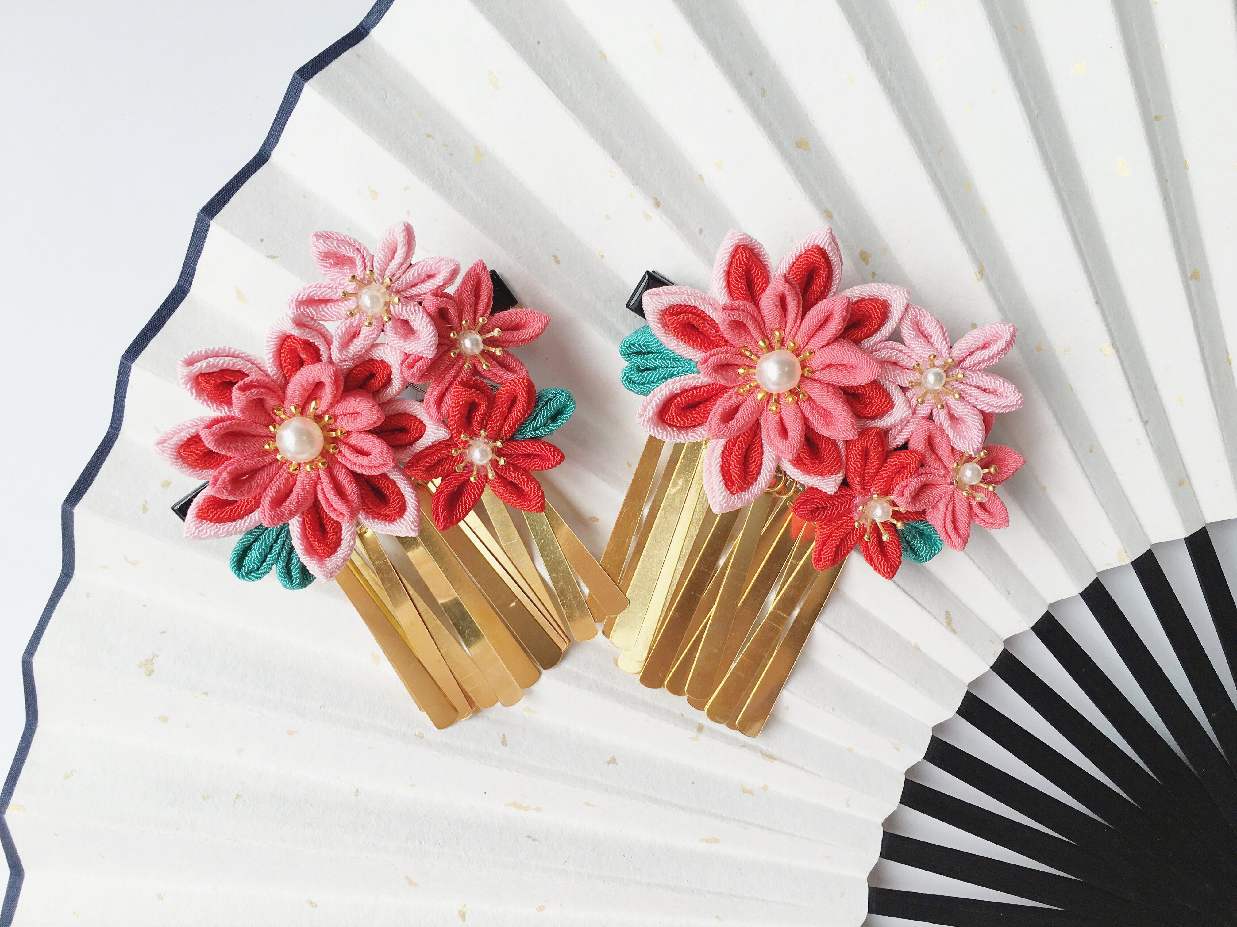 【花献】日系和风绉布发饰发夹 和服汉服头饰写真流苏边夹 粉系