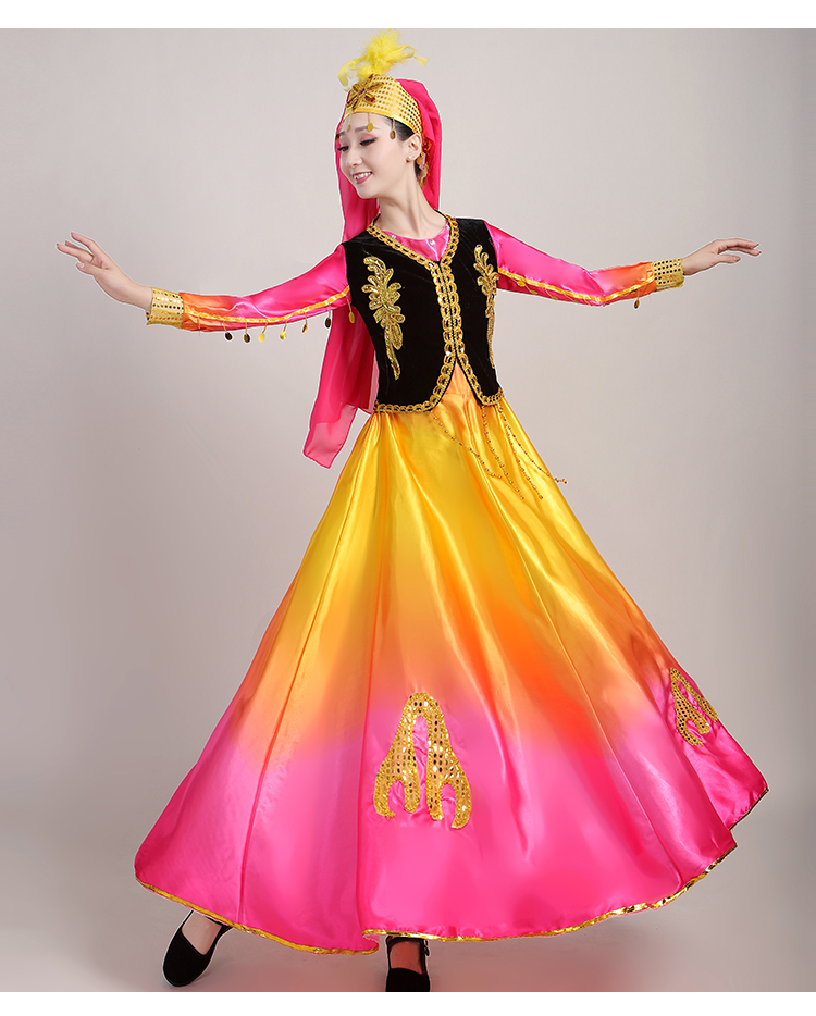 新款新疆维吾尔族舞蹈演出服装 女少数民族舞台演出饰 成人连衣