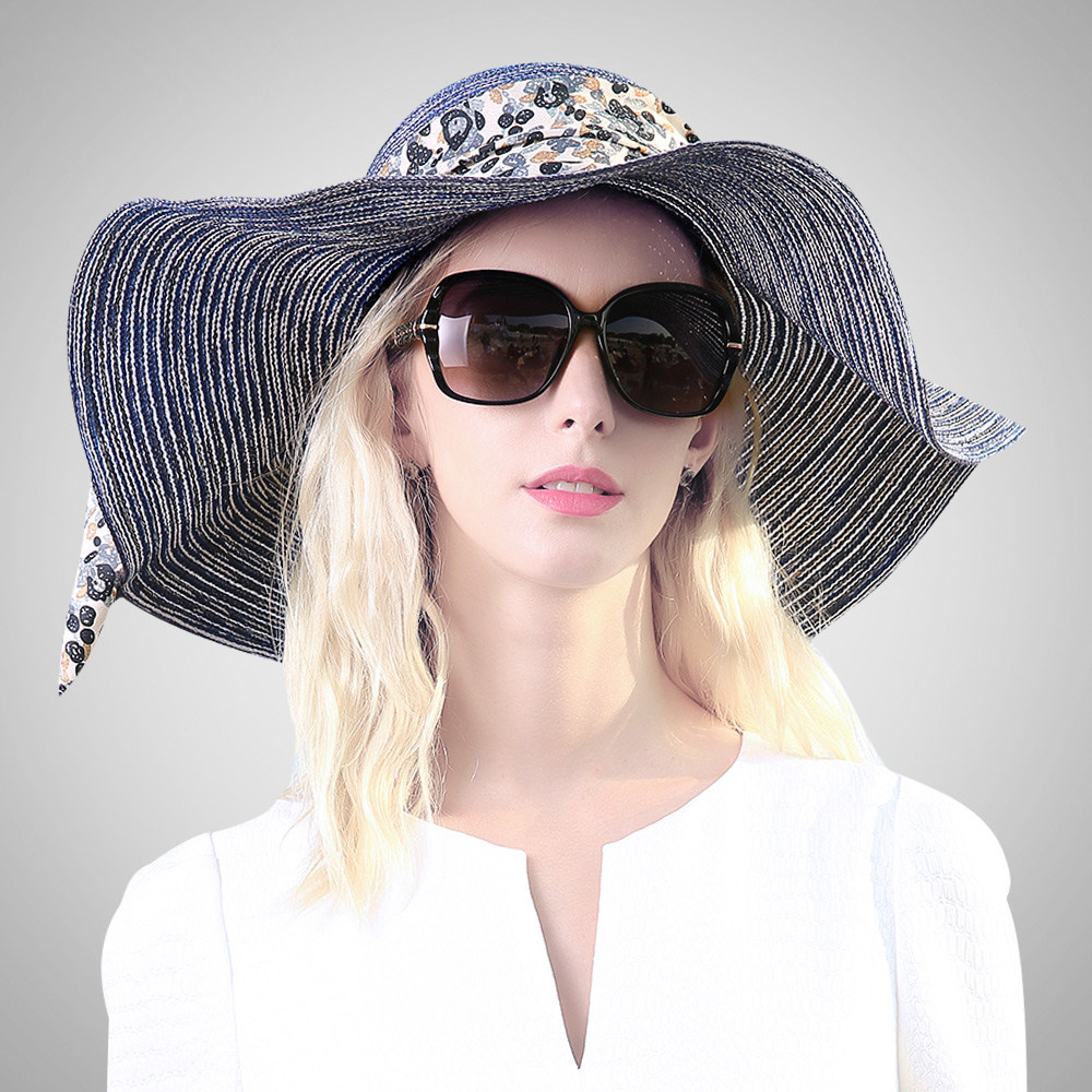 草帽女夏天超大沿帽遮阳帽子可折叠防晒海边度假沙滩帽太阳帽碎花