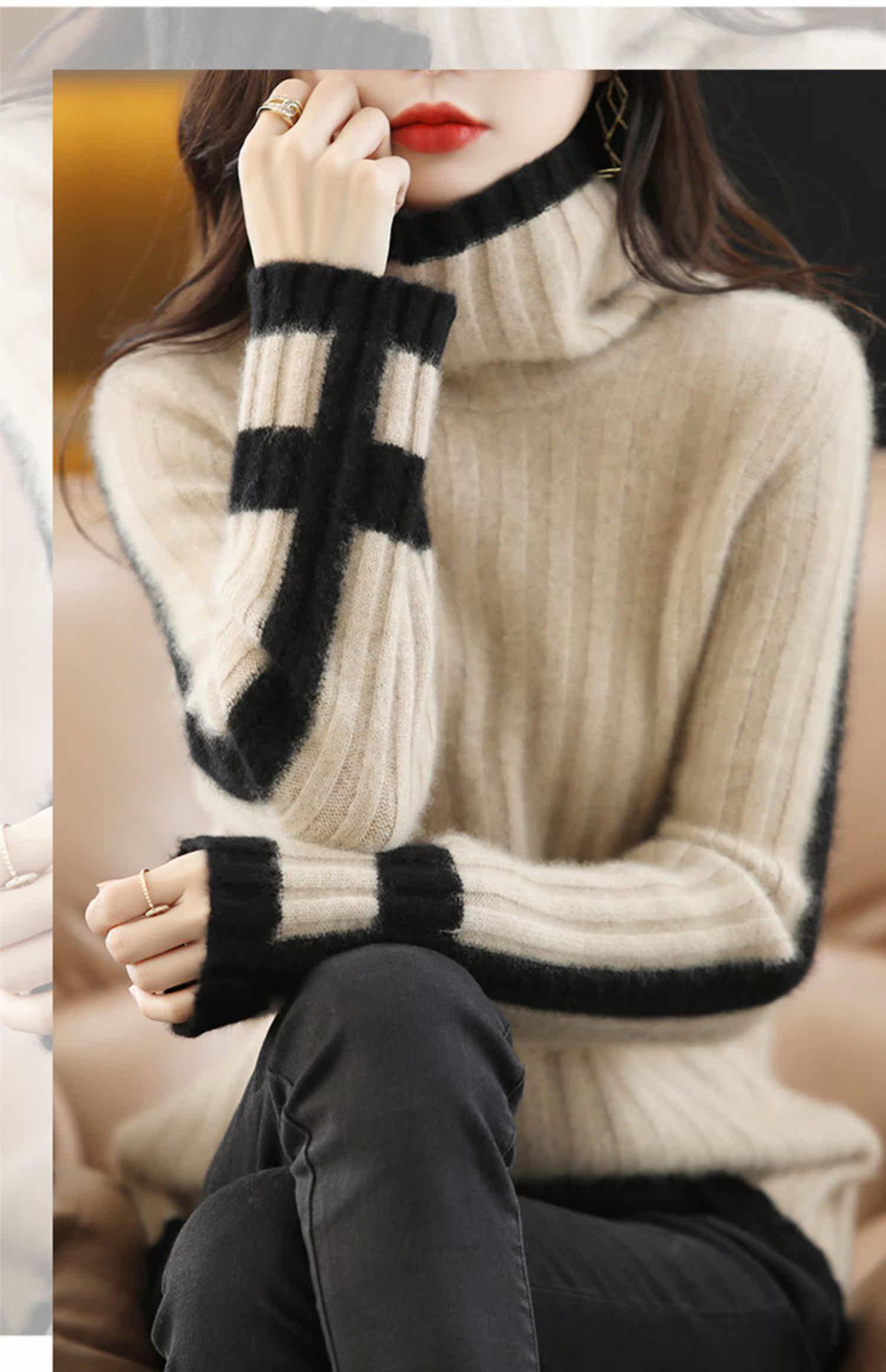 fly theory秋冬堆堆领羊绒毛衣高领加厚纯羊毛衫宽松针织打底衫女