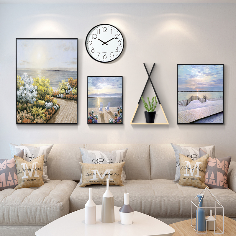 Living room sofa background wall decorative painting personalized creative wall clock wall painting living room hanging painting atmospheric mural set of three