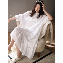 Very fairy pajamas ~ Gentle and clean white nightgown summer cotton mid-sleeve simple lace can be worn outside home clothes