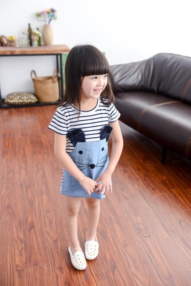 女童条纹韩版短袖纯棉连衣裙夏儿童裙小女孩拼接裙子潮包邮特价